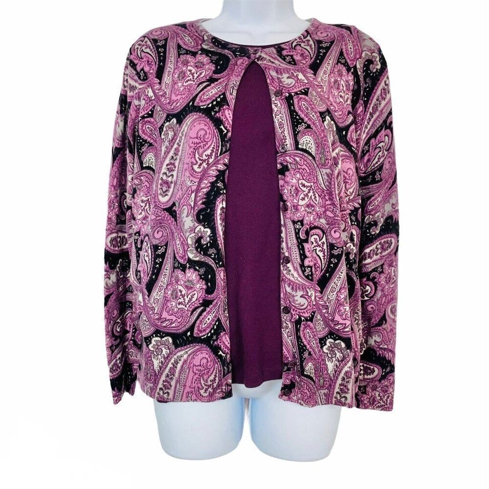 Croft and Barrow Sweater Set Womens M Purple Paisley Cardigan Button Front